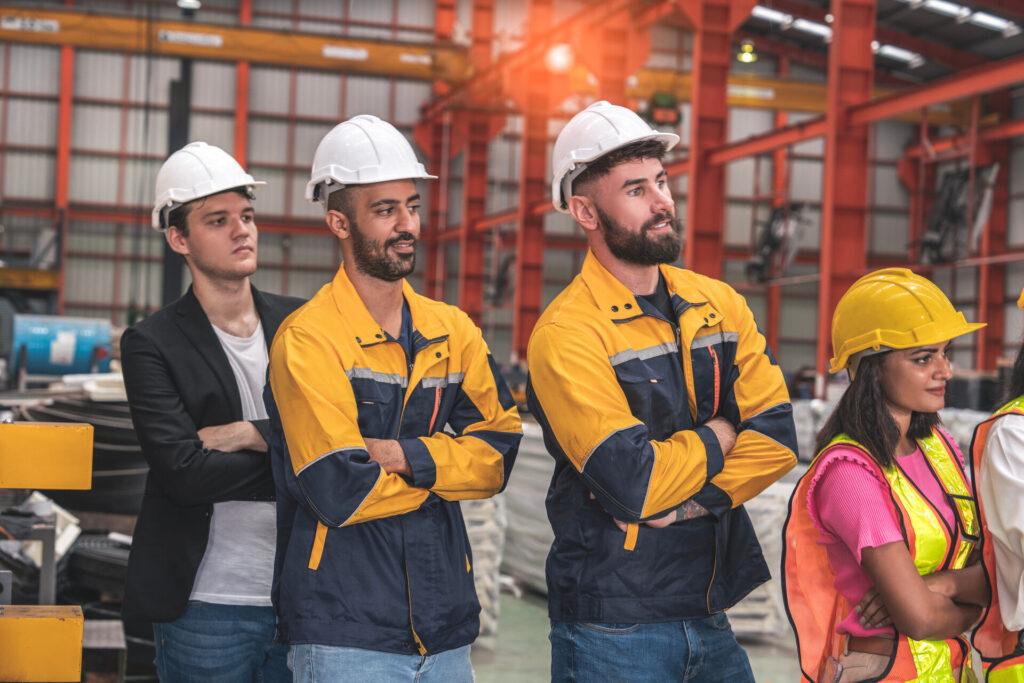 Gruppe männlicher Angestellter, Ingenieure, die einheitliche Jacken und Helme zur Sicherheit tragen.