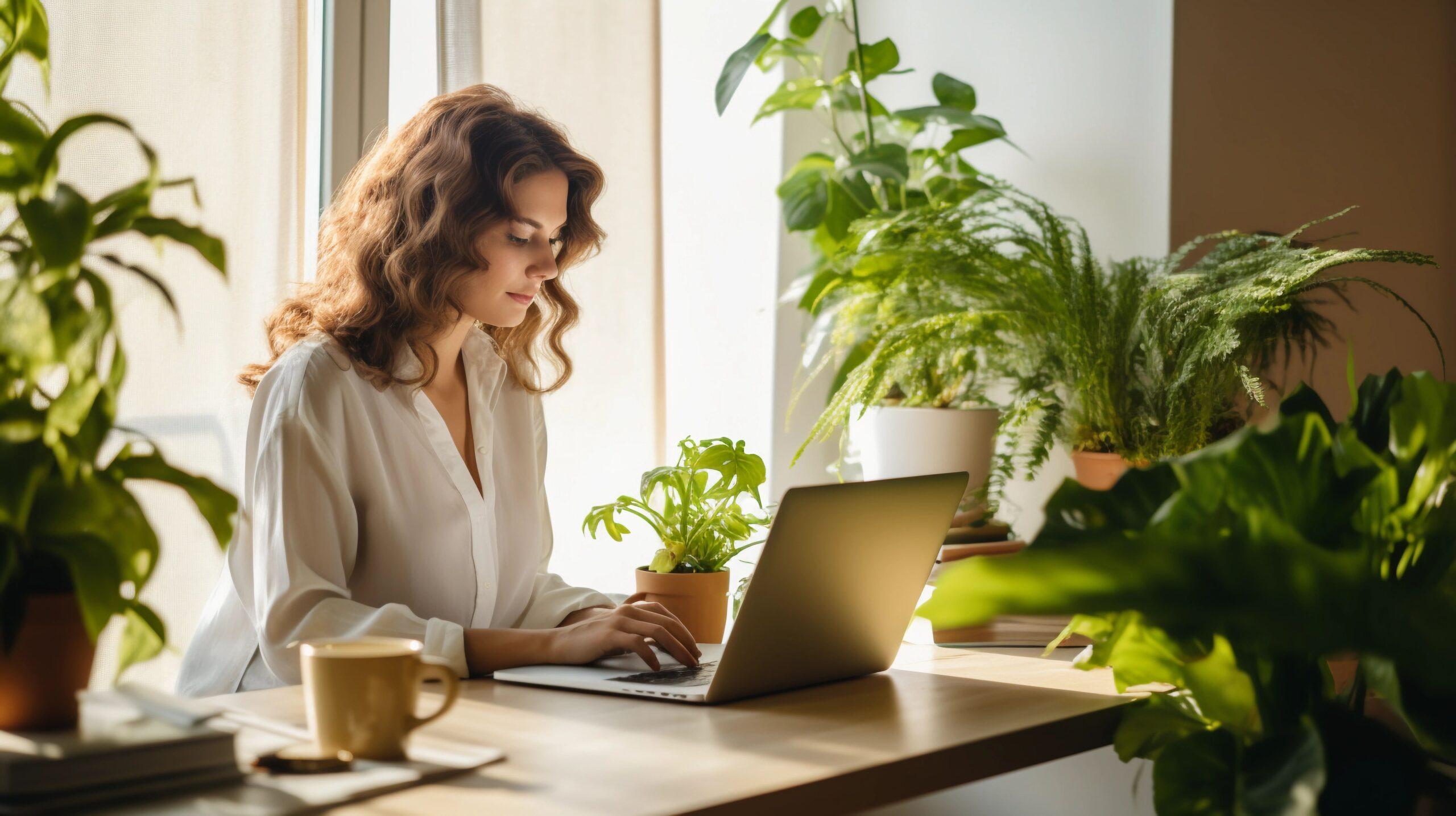 Berufstätige Frau in lässigem Outfit, Videokonferenz auf ihrem Laptop aus ihrem stilvollen, minimalistischen Heimbüro, Holzschreibtisch, MacBook Pro, Notizblock, natürliches Sonnenlicht, grüne Zimmerpflanzen im Hintergrund