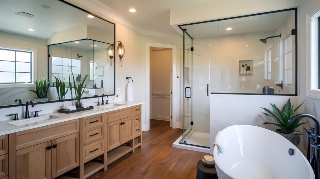 Modernes Badezimmer mit fugenloser Wandverkleidung in der Dusche, Holz-Doppelwaschtisch und freistehender Badewanne