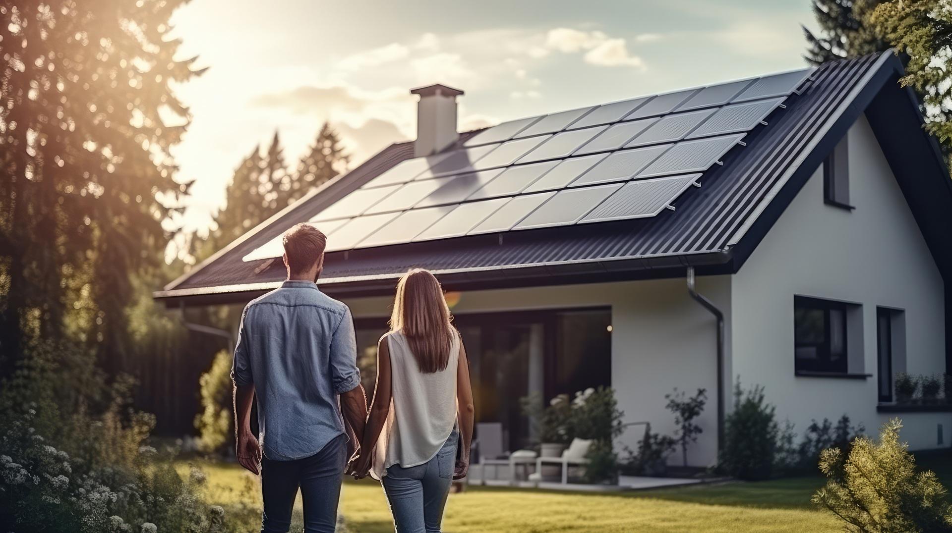 Paar betrachtet Haus mit Solaranlage | Kanalsanierung